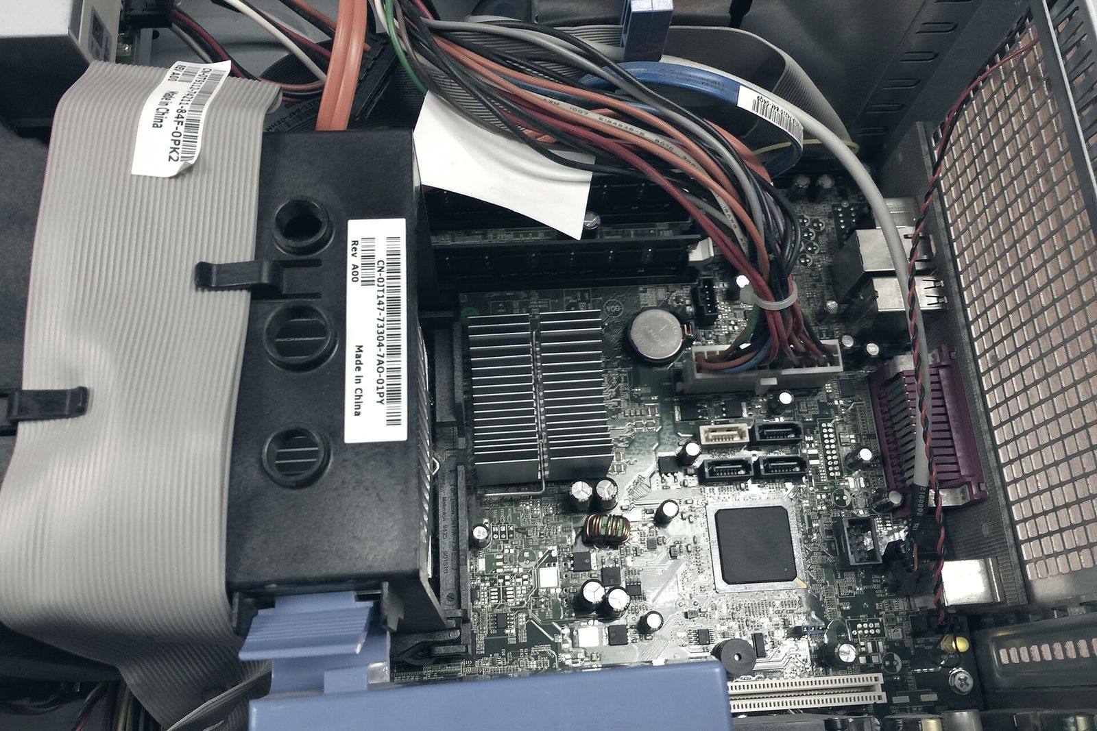 Close-up of server mainboard components and cabling